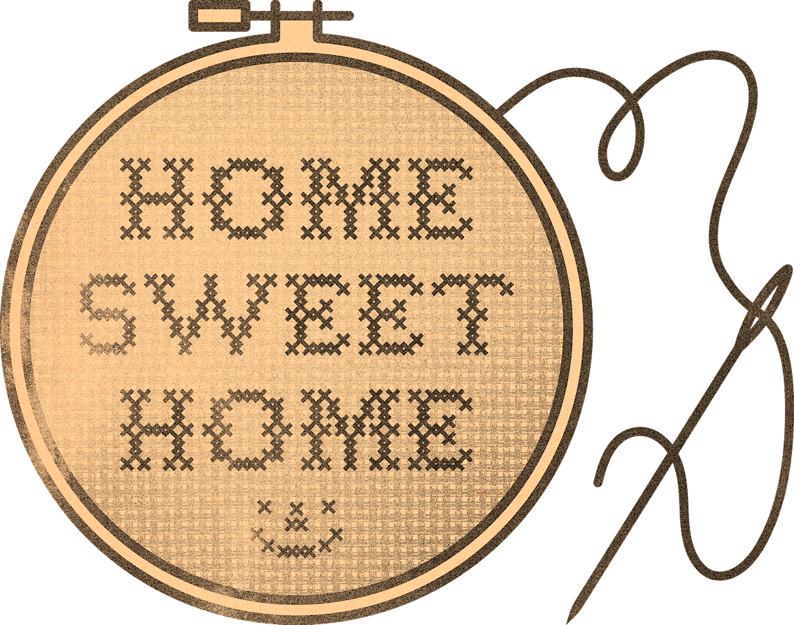 An illustration of a hoop embroidery that reads "Home sweet home."